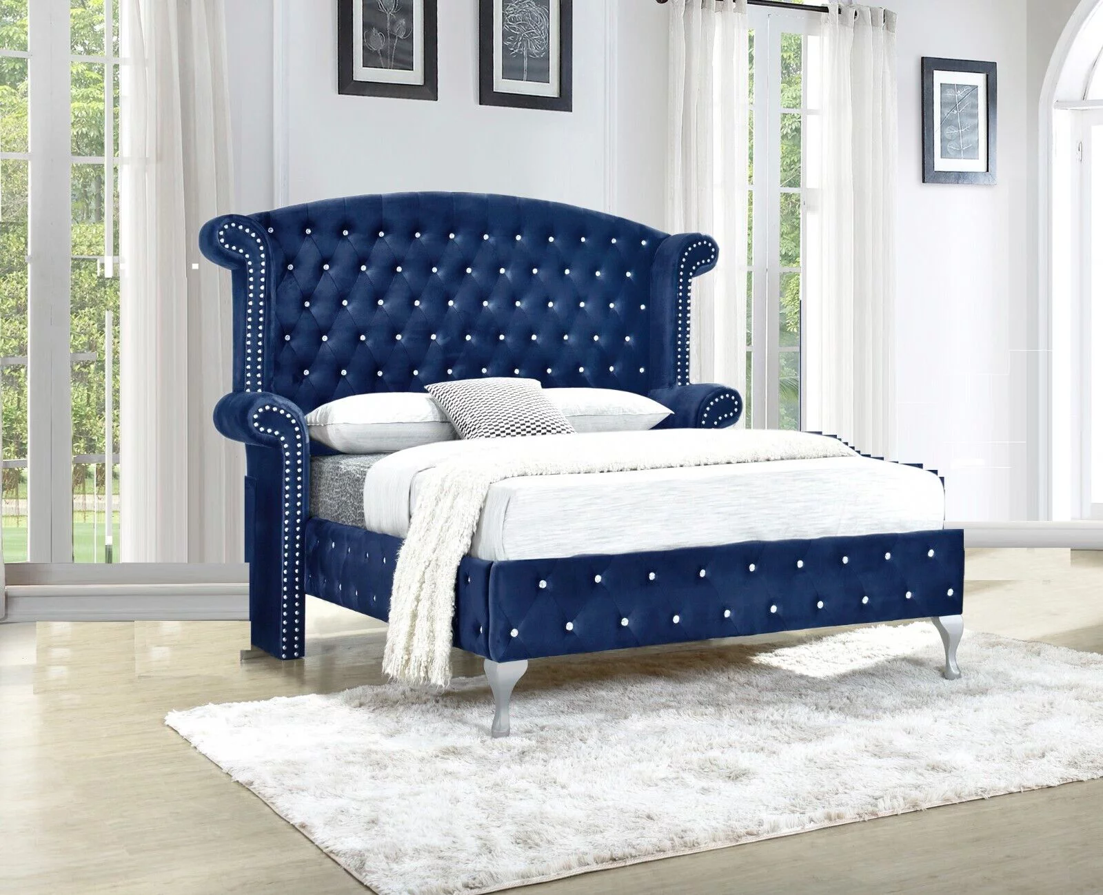 Modern 3Pc Queen Size Bed Chest Nightstand Set Master Bedroom Furniture Blue Velvet Upholstery