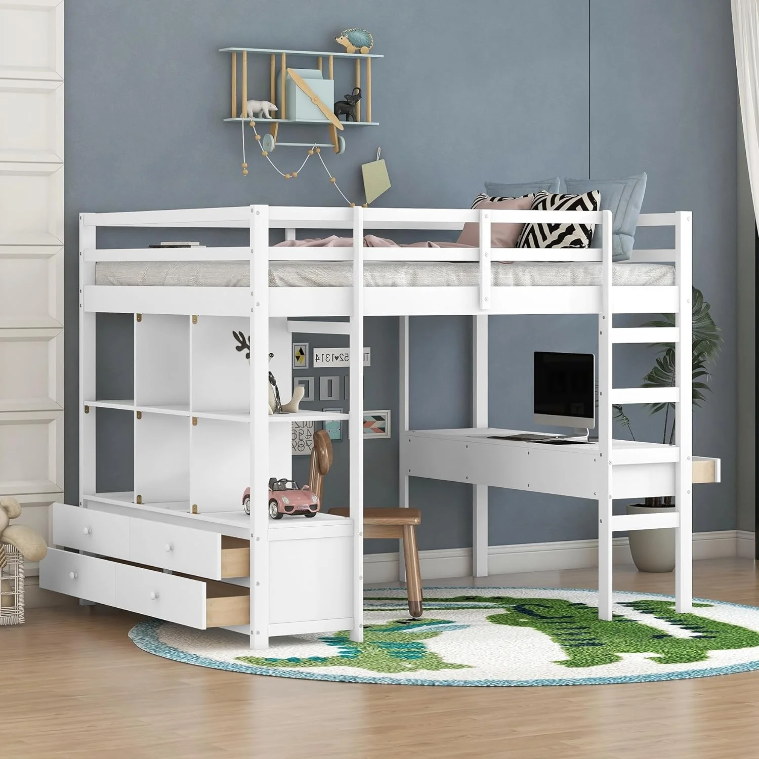 Full Loft Bed With Desk Ad Storage Drawers Wood Loft Beds Frame With Bookcase Ad Shelves For Dorm Bedroom Moder Full Size Buk For Kids Adults Boys Girls Tees, White