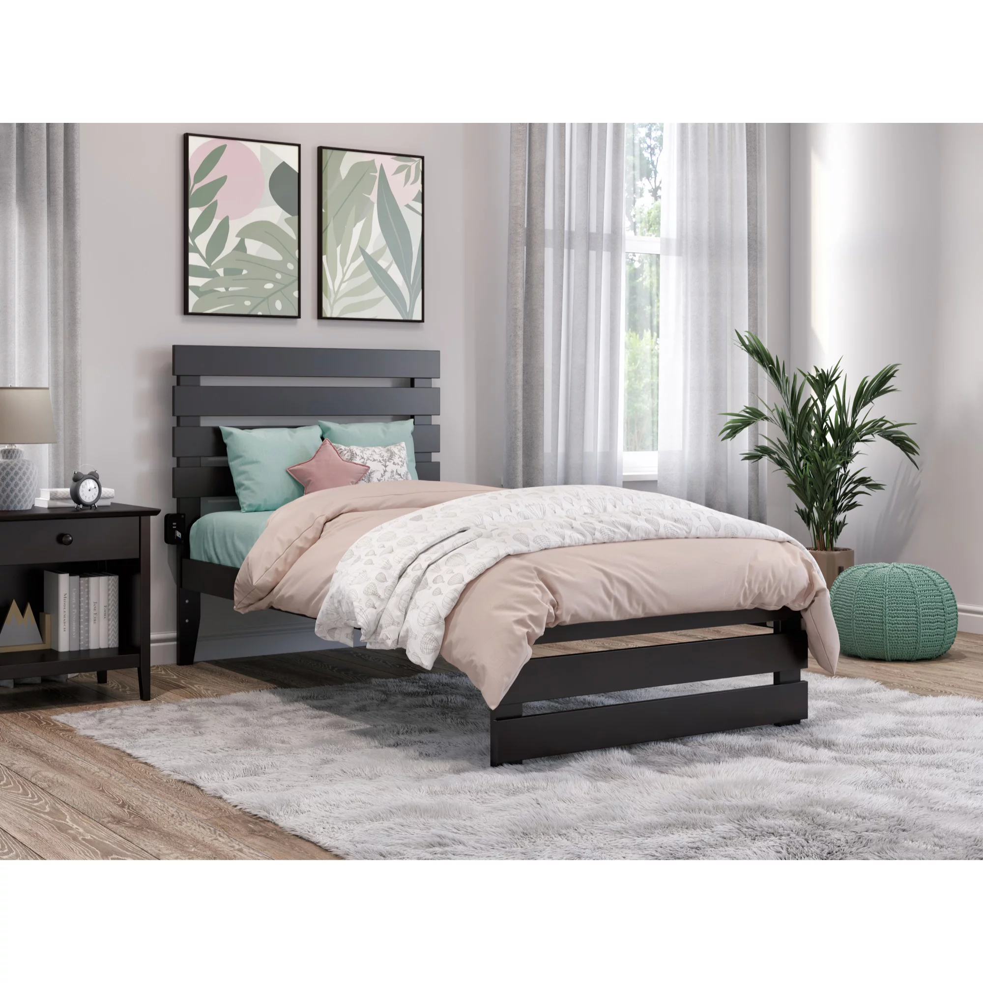 AFI Oxford Modern Wood Twin Bed with Footboard with USB Charger in Espresso