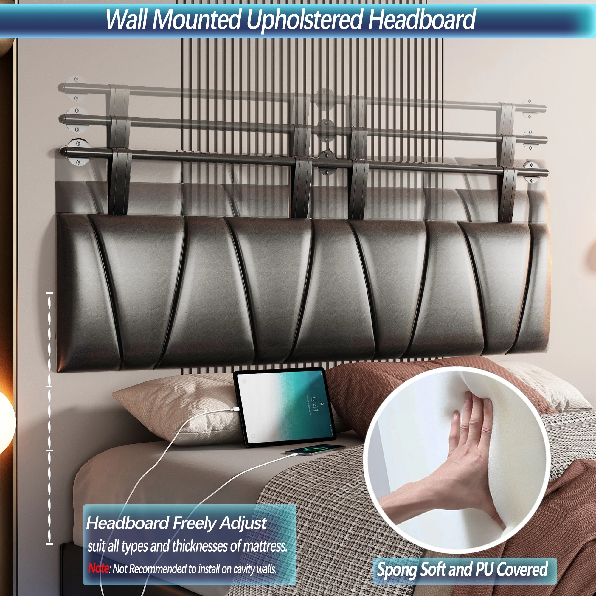 Blotout King Size Floating Bed Frame with LED Light & Power Charging Station, Upholstered Platform Bed with Wall Mounted Adjustable Headboard, Faux Leather Black