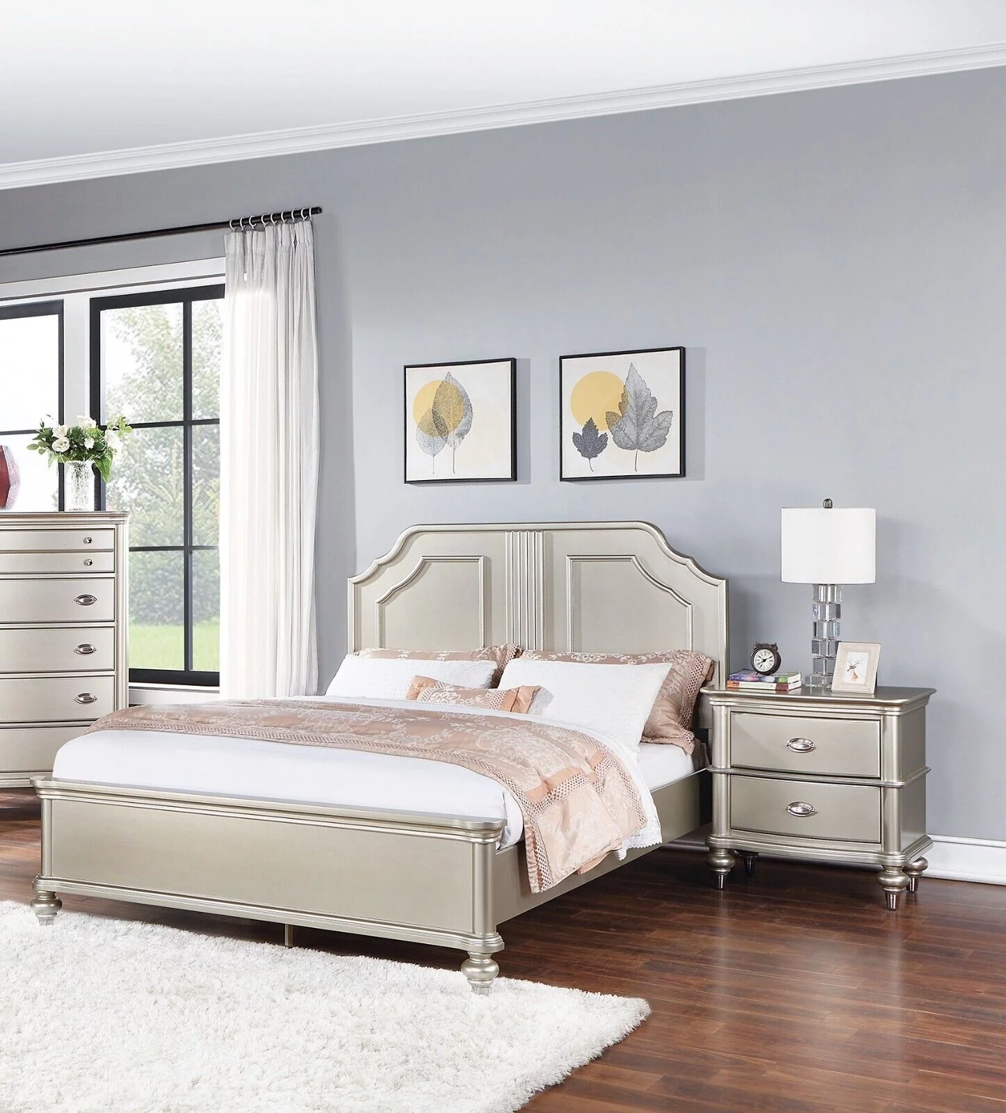 3pc Bedroom Set Silver Finish Royalty Queen Size Bed and 2x Nightstands Furniture 2-Panel Design Classic Furniture