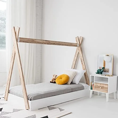 RUNFAYBIU Piperton Contemporary Youth Tent Bed Frame Full Natural Wood & White