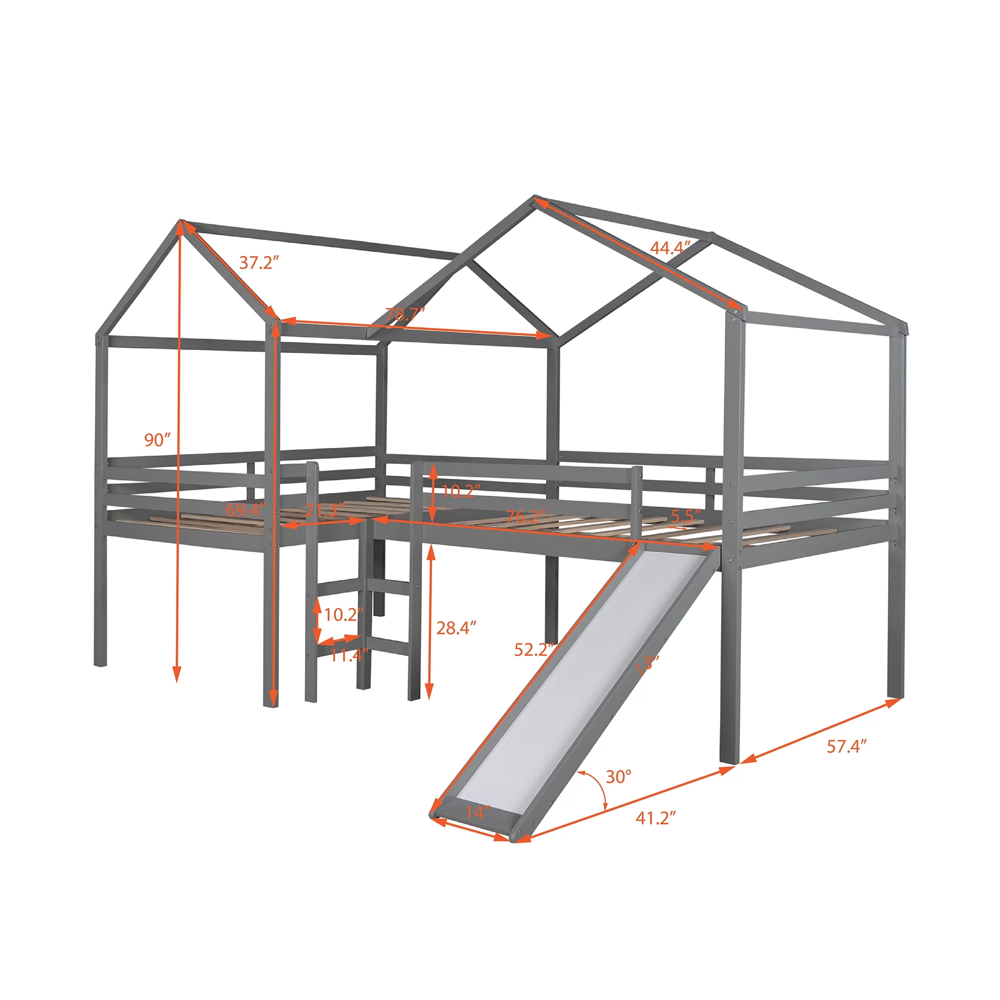 Gray Full Size Loft Bed Wood Bed with Roof,Slide,Guardrail,House Bed