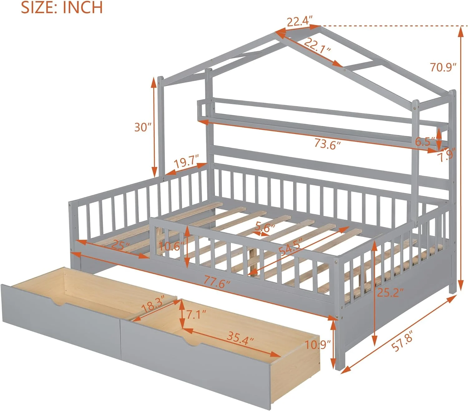 Woode Full Size House Bed With Storage Shelf Ad Fece,Full Daybed Platform Frame With 2 Drawers,Gray