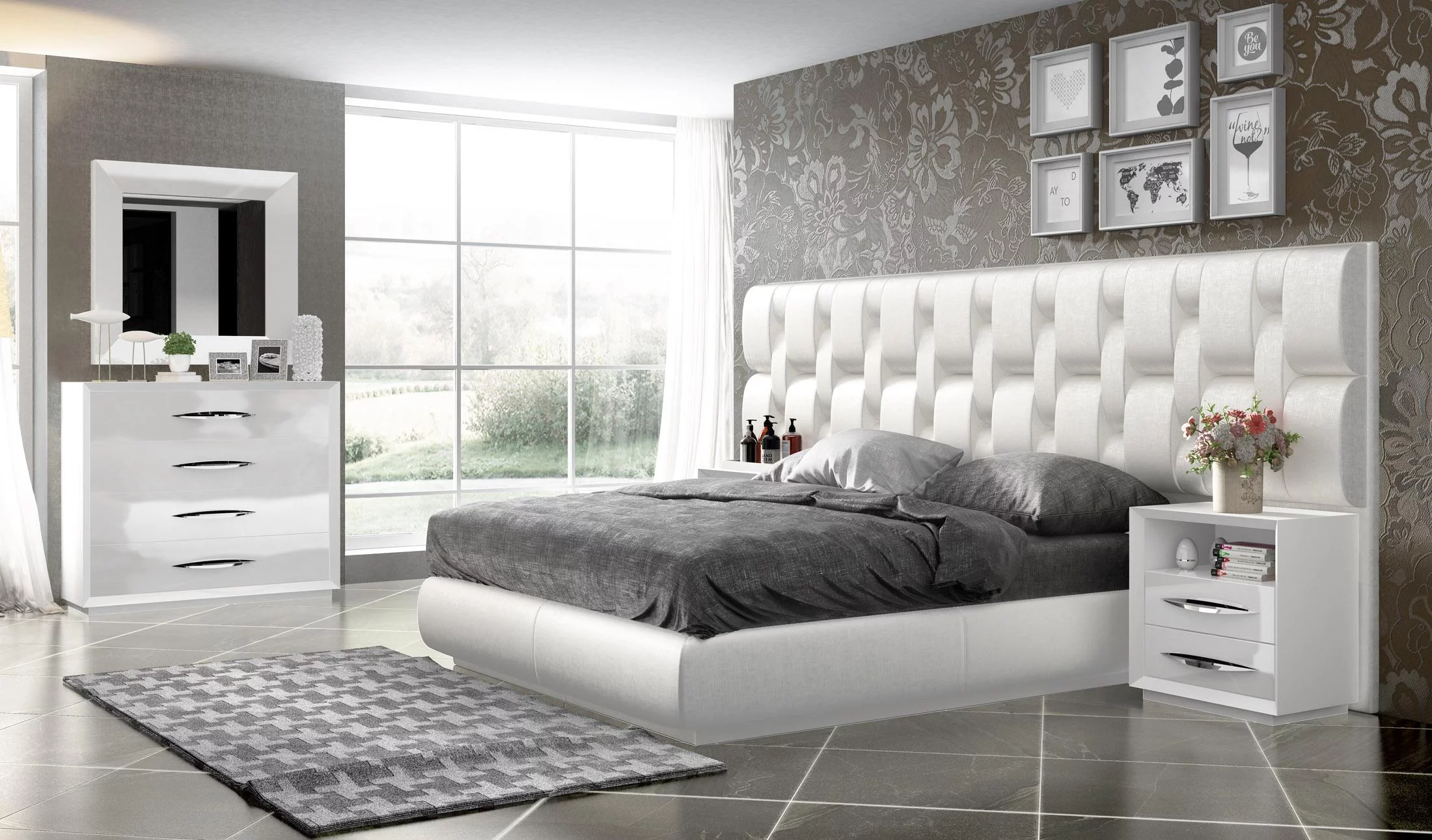 Glam Glossy White Emporio Queen Bedroom Set 3P ESF MADE IN SPAIN Contemporary