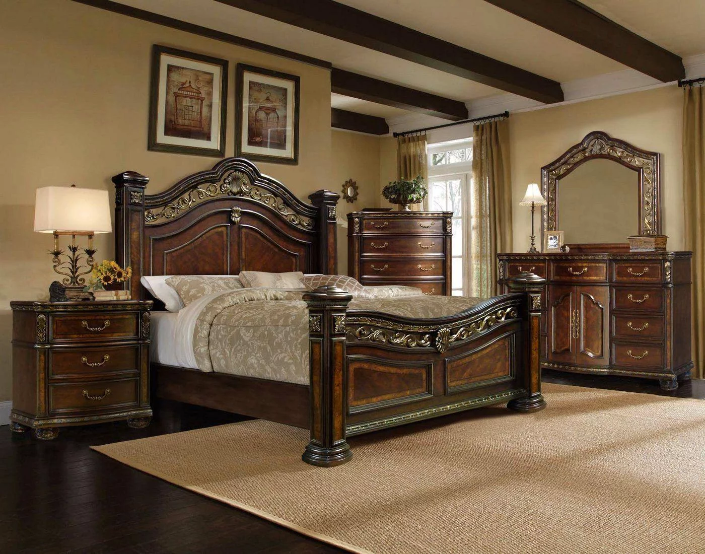 McFerran B163-Q Antique Brass Cherry Wood Finish Queen Bedroom Set 5Pcs