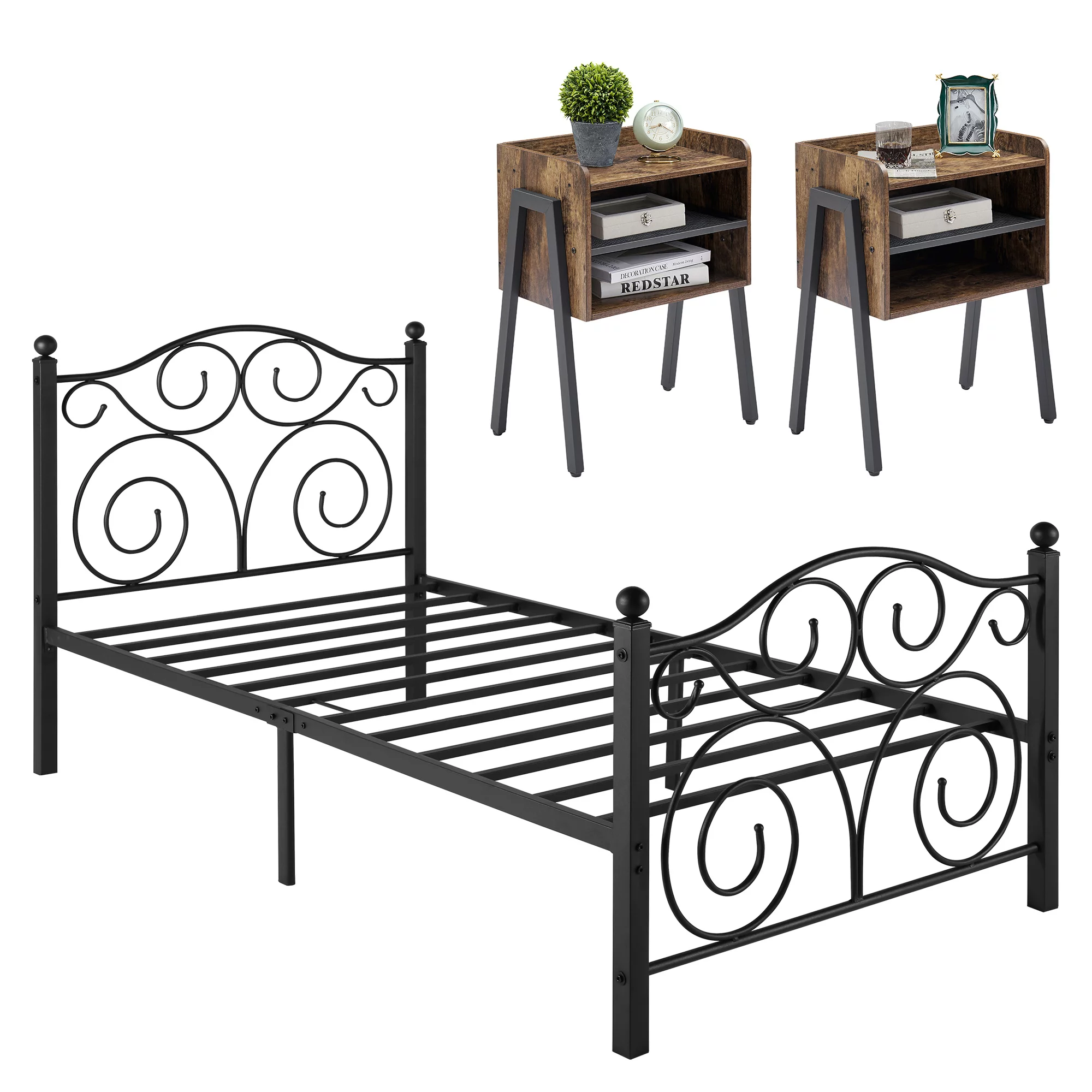 VECELO 3-piece Bedroom Set Twin Size Metal Platform Bed Frame and 2 Stackable Nightstand