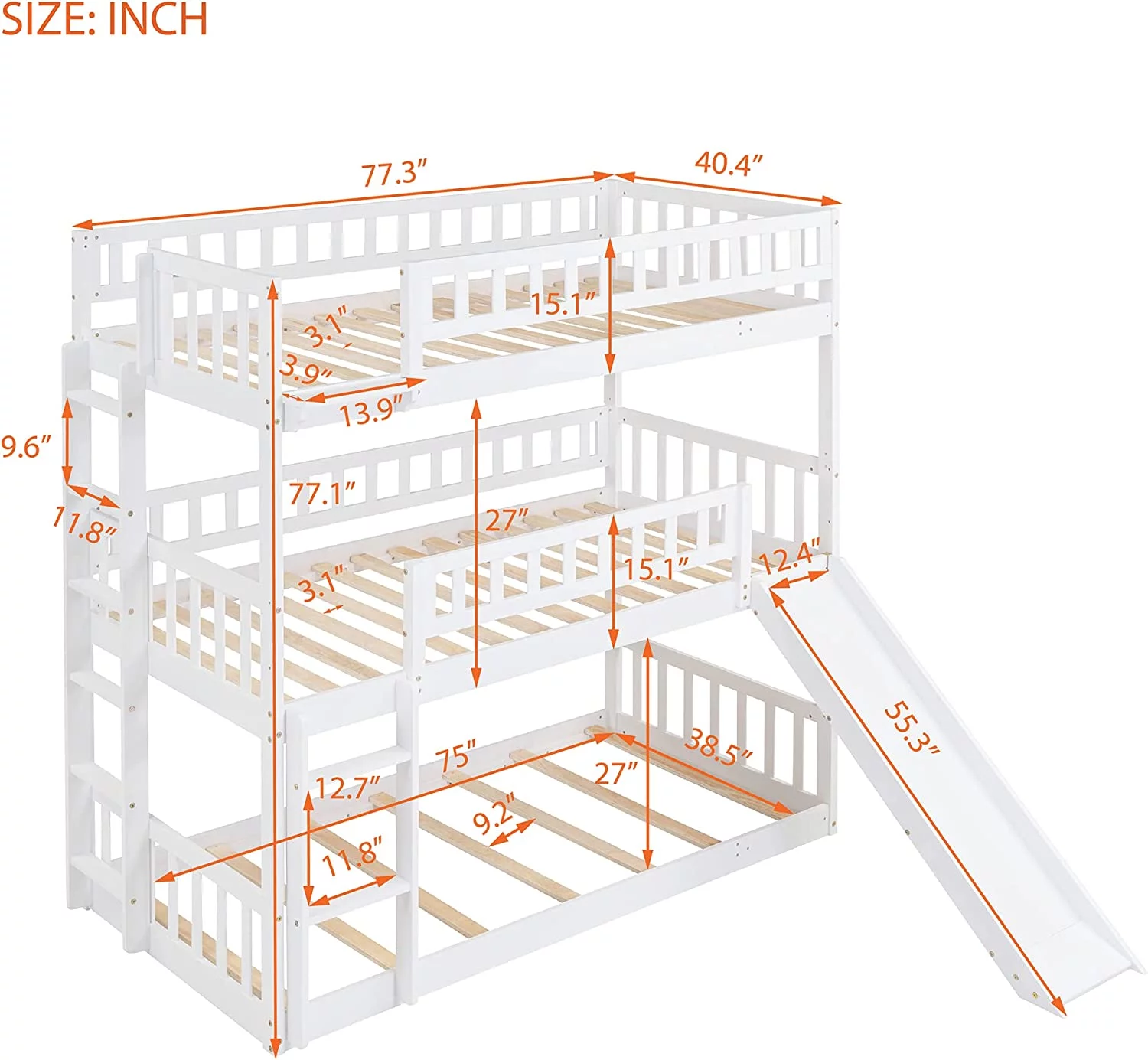 Triple Bunk Bed With Slide, Wooden -Over--Over- Triple Bed With Built-In Ladder And Guardrails, For Kids Girls Boys – White