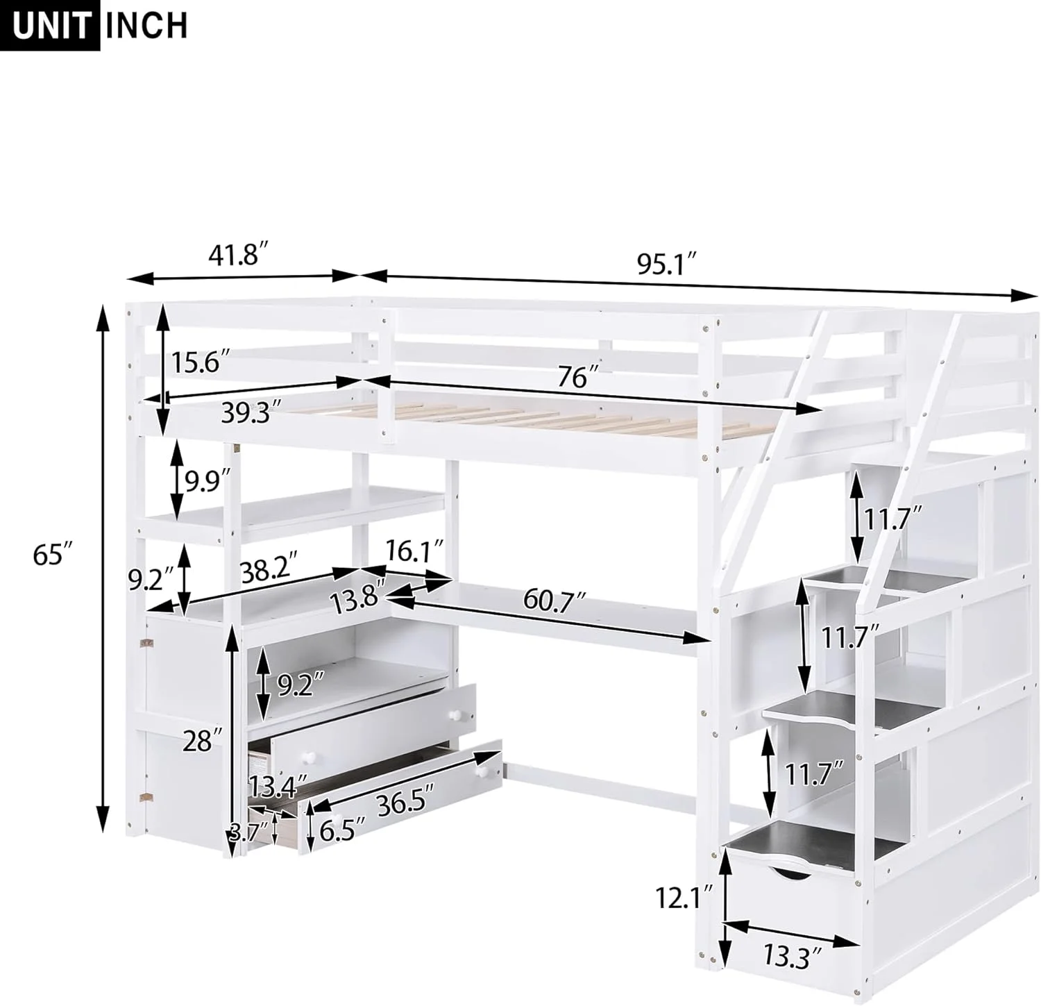 Size Loft Bed With Desk Ad Storage Stairs, Wood Loft Bed With Shelves & Storage Drawers, Loft Bed With Desk Udereath For Kids Tees Boys Girls (, White)
