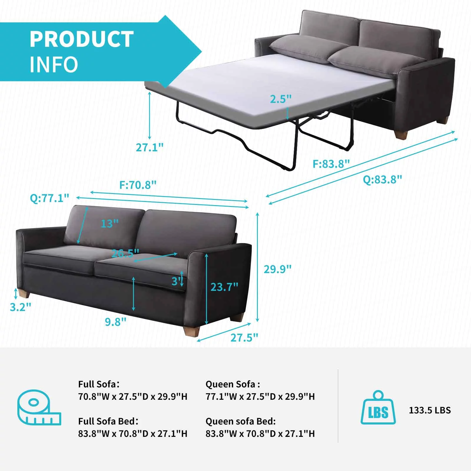 CECER 2-in-1 Pull Out Sofa Bed, Velvet Loveseat Sleeper Sofa Bed with Folding Mattress, Pull Out Couch Bed for Living Room, Queen Size Sleeper Sofa for Apartment/Small Spaces- Dark Grey