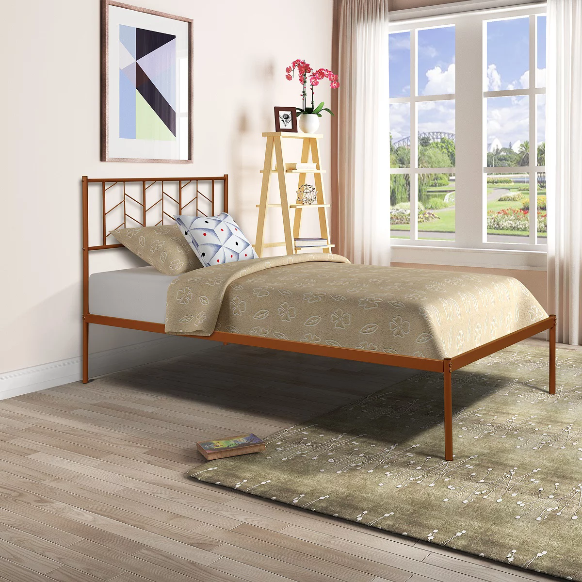Simple Vintage Twin Metal Platform Bed Frame with Headboard and wood slats Easy Assembly