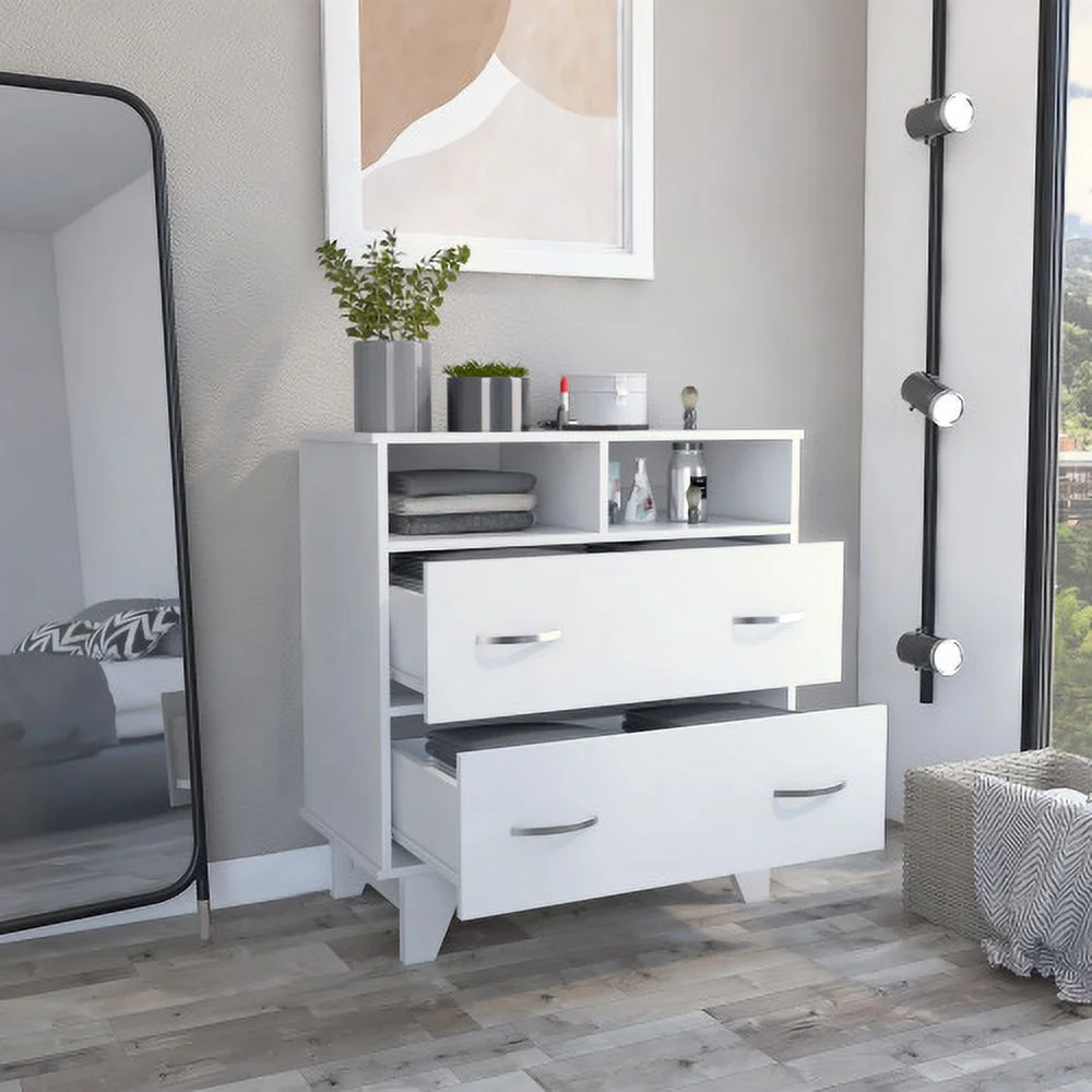 Two Drawer Dresser, Two Open Shelves, Superior Top, Four Legs - White