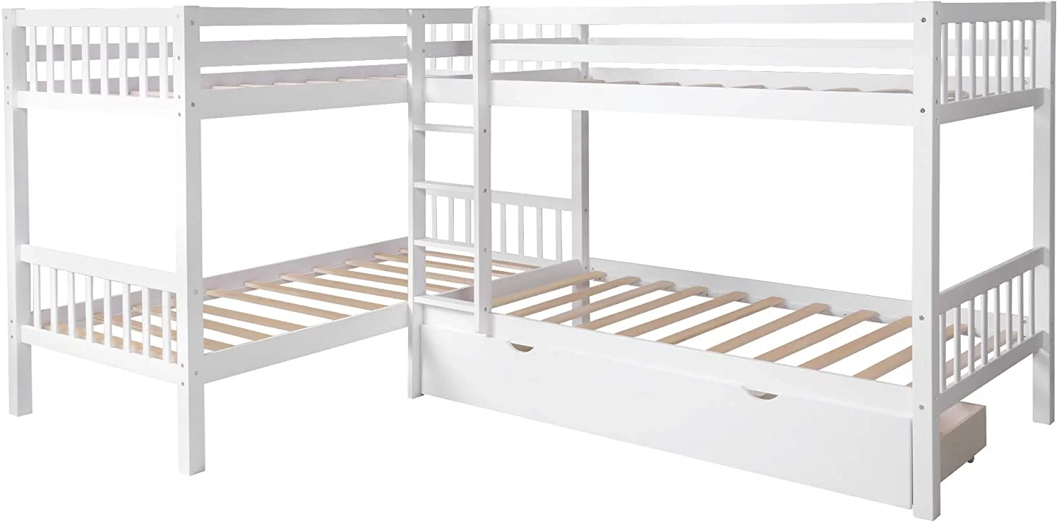 Churanty Twin L-Shaped Bunk Bed with Storage Drawers, Wooden Bunk Bed, White
