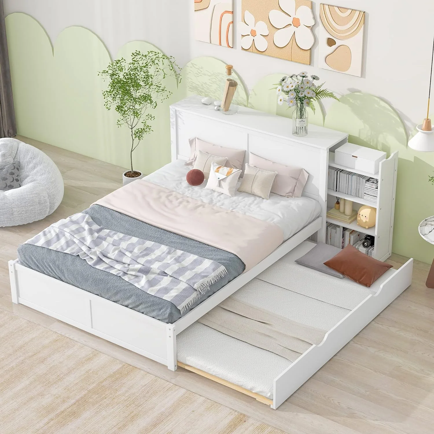 Queen Size Platform Bed With Trundle, Queen Storage Bed With Bookcase Headboard, Wood Bed Frame, No Box Spring Needed, Easy Assembly (White)