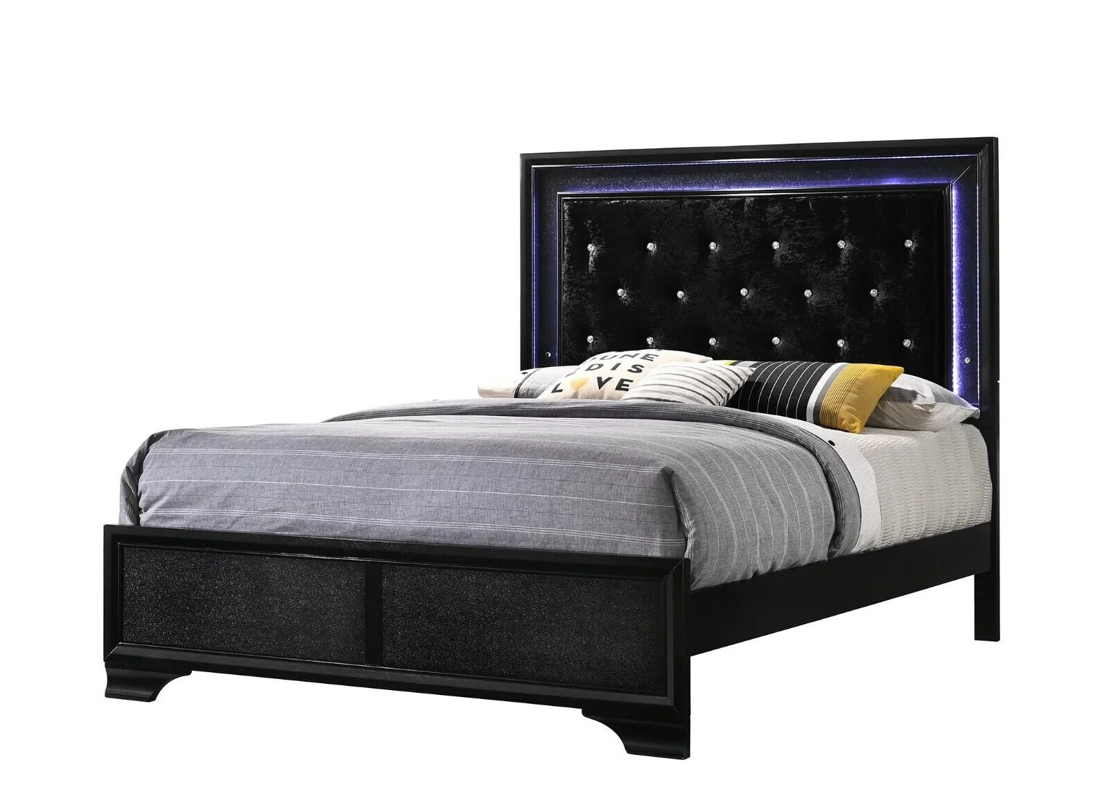 3pc Modern Glam Style Full Size Upholstery LED Bed and Nightstands Bedroom Set Wooden Furniture Black