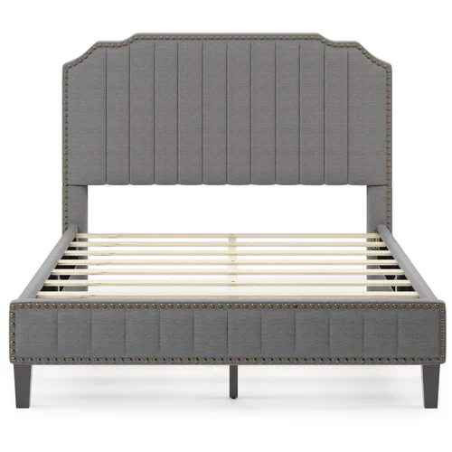 Full Upholstered Platform Bed with Headboard, Modern Linen Curved Upholstered Platform Bed with Nailhead Trim for Kids,Gray