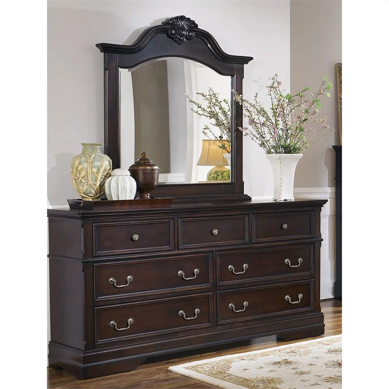 Bowery Hill 7 Drawer Dresser in Cappuccino and Antique Brass