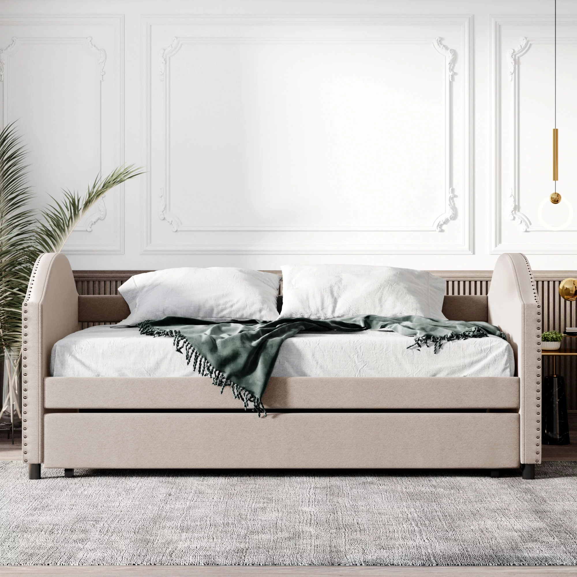 CoSoTower Full Size Upholstered Daybed with Twin Size Trundle, Wood Slat Support, Beige