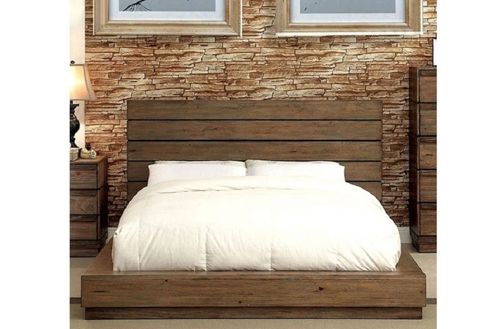 Eastern King Size Bed 1pc Bedframe Contemporary Look Rustic Natural Tone Slats Plank Headboard Solid wood Bedroom Furniture