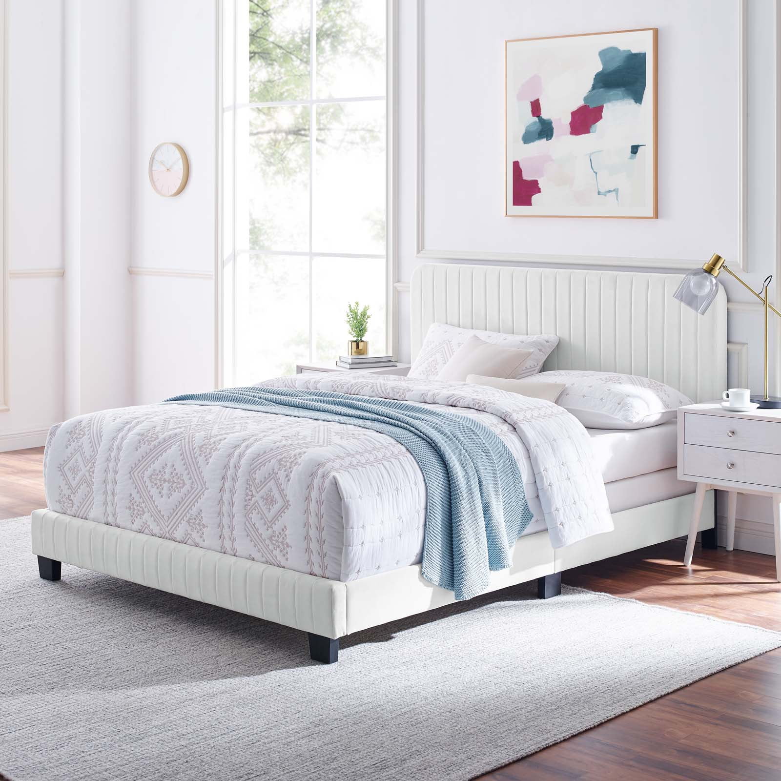 Modway Celine Channel Tufted Performance Velvet Twin Bed in White