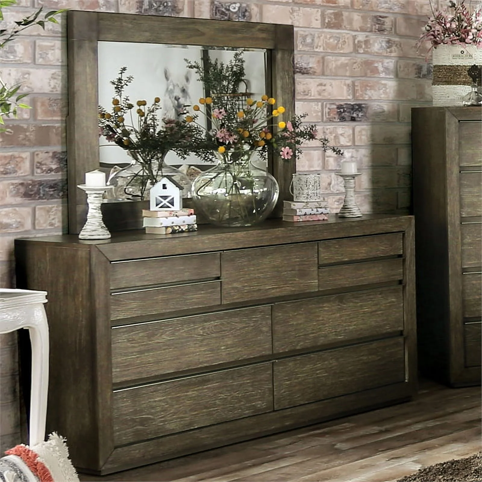 Furniture of America Camile Wood 9-Drawer Dresser with Mirror in Light Walnut