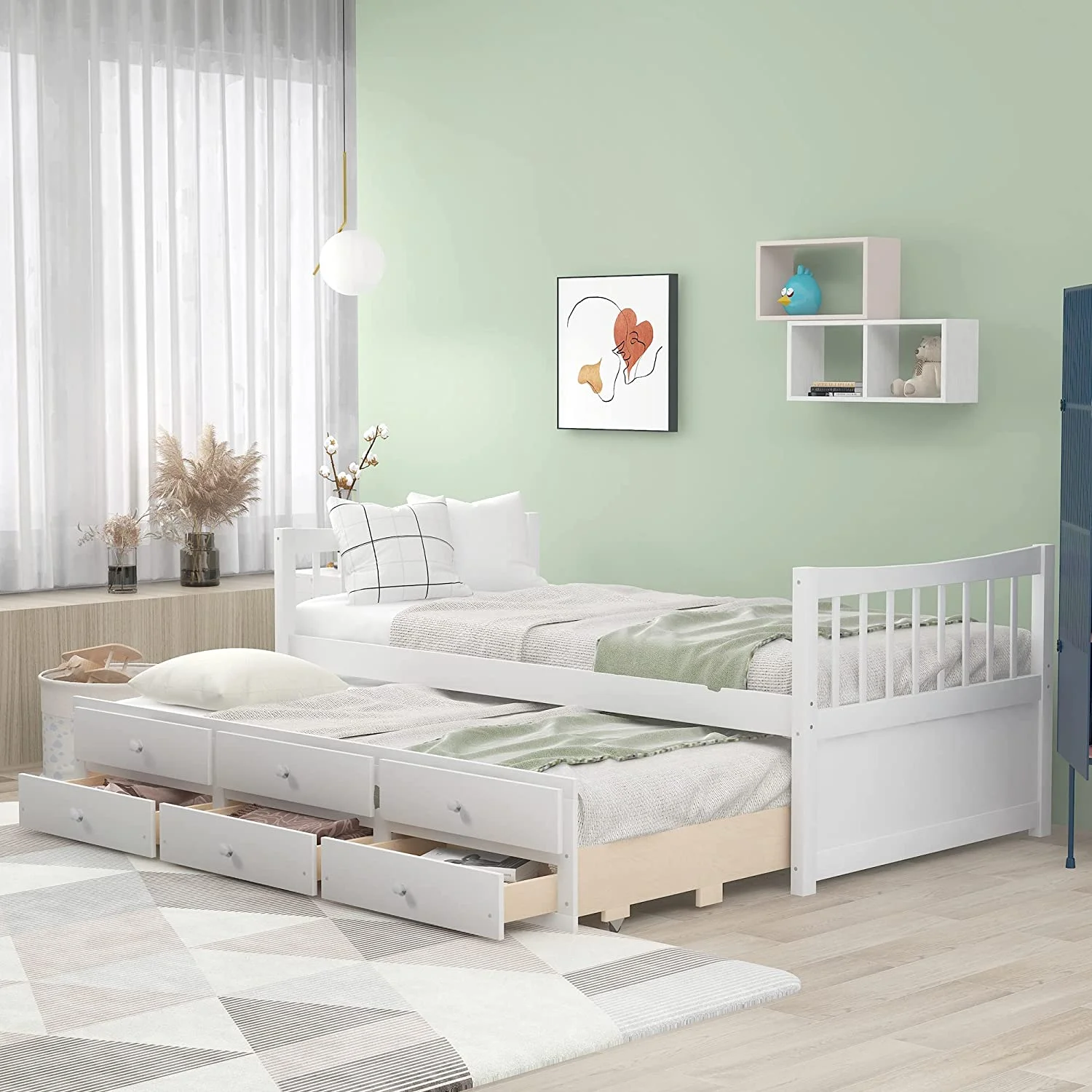 Bed Storage Daybed With Trundle And Drawers, Wood Bed Frame For Kids Guests ( Size, White)