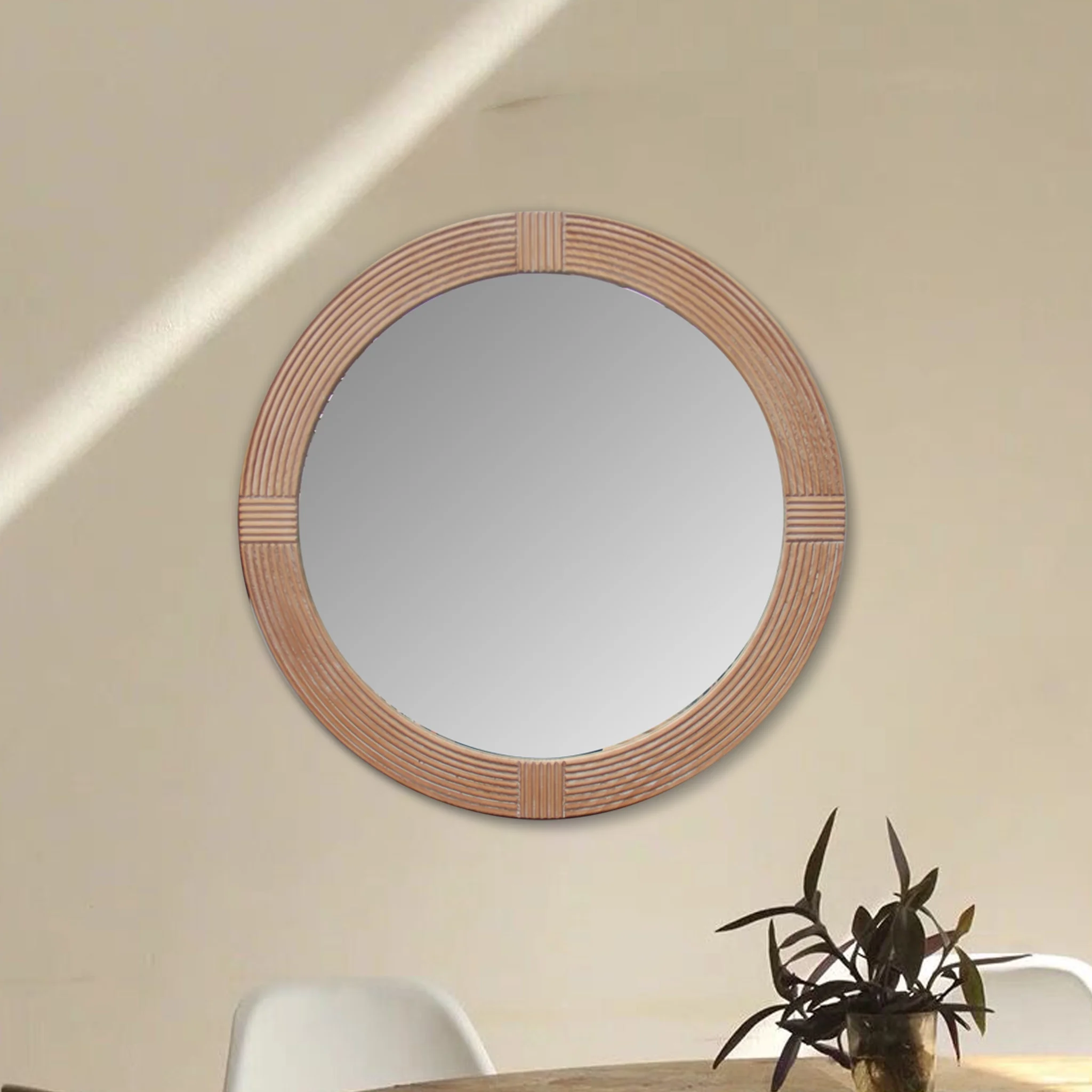 Parisloft 31.5 Inch Round Natural Wood Decorative Wall Mirror, Farmhosue Rustic Wall Mirror