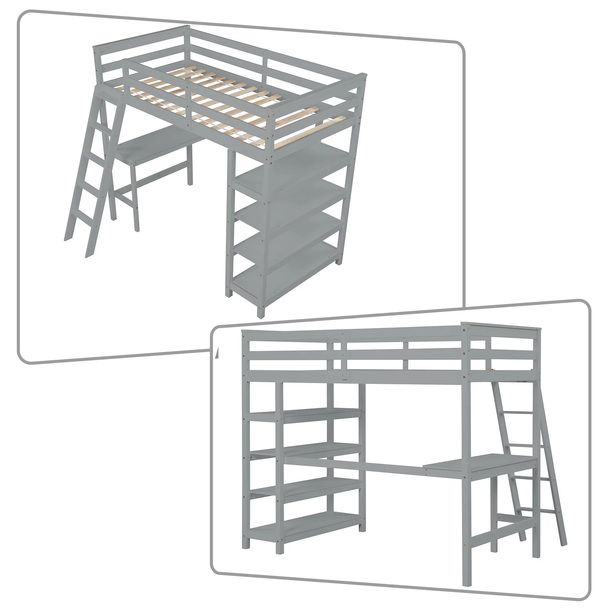Minimalist and Multifunctional Twin-size Wooden Loft Bed with A Ladder, A desk and 4 Shelves, Gray