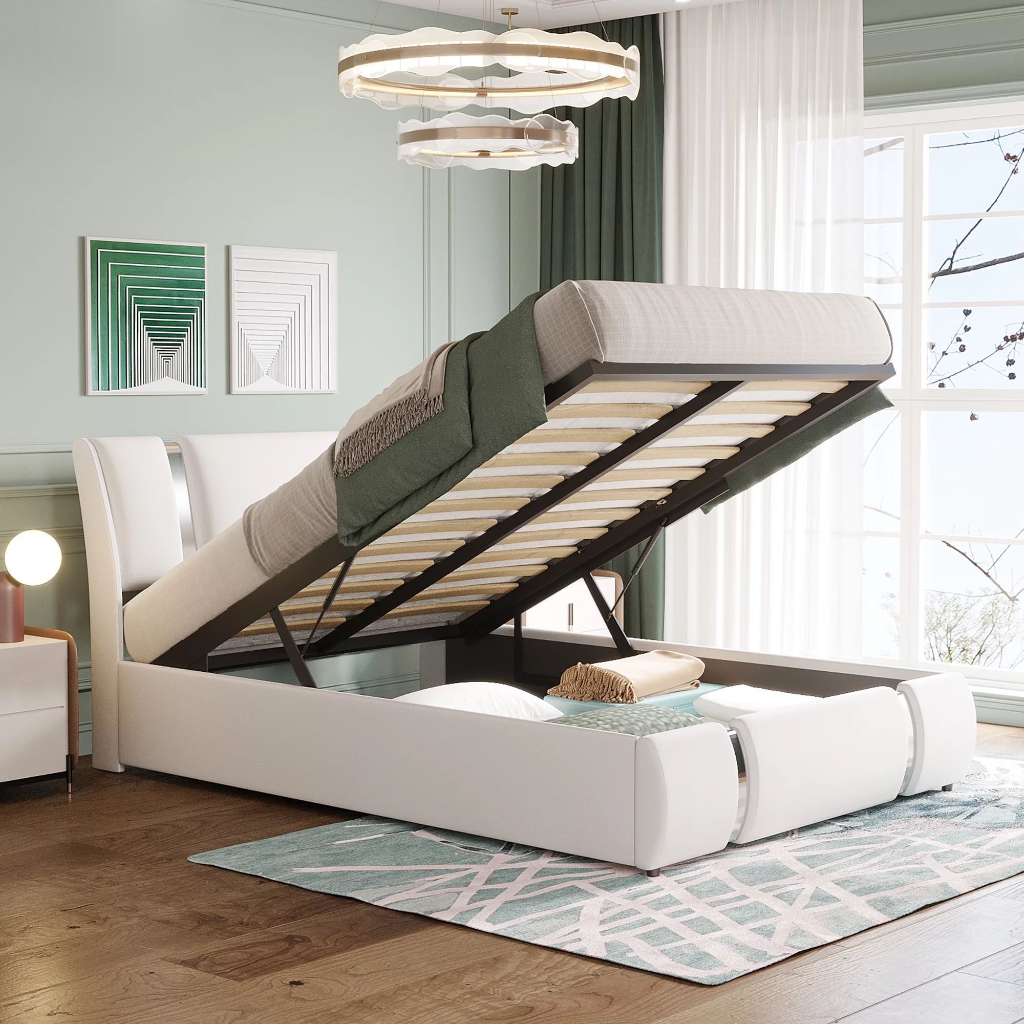 Dawn Whisper Full Size Upholstered Faux Leather Platform bed with a Hydraulic Storage System, White
