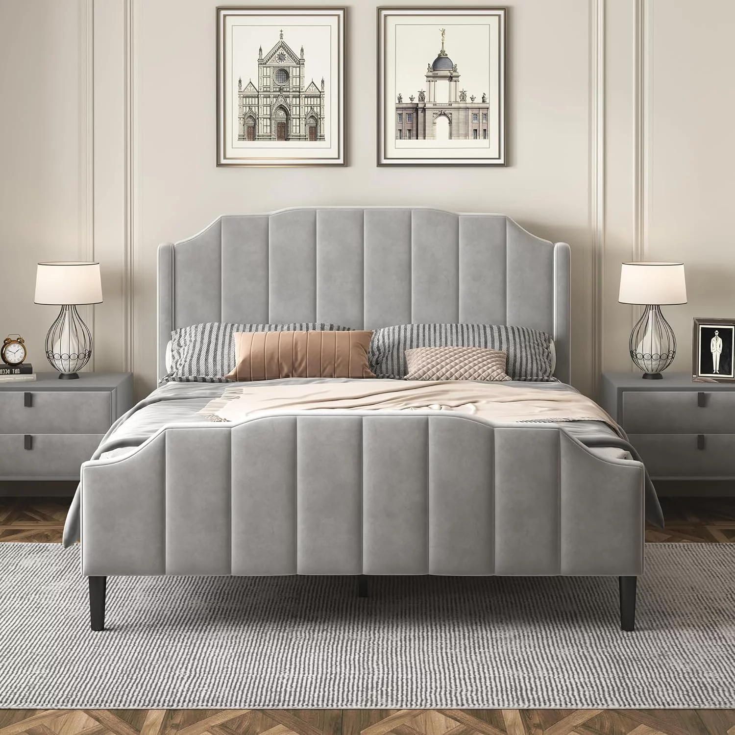 Queen Size Upholstered Bed With Headboard And Footboard, Wood Queen Platform Bed Frame For Bedroom, Velvet Fabric, No Box Spring Needed (Queen, Gray)