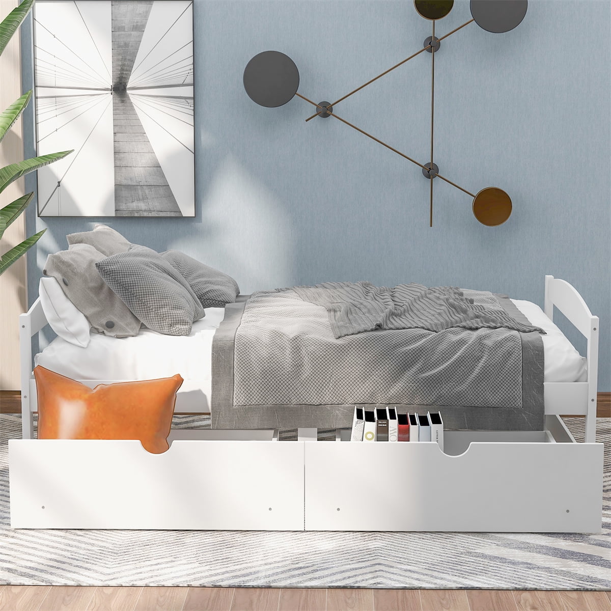 Wood Bed Frame Twin Size with 2 Drawers Platform Bed w/Headboard & Footboard Solid Wood Slat Support, No Box Spring Needed, Panel Bed Mattress Foundation