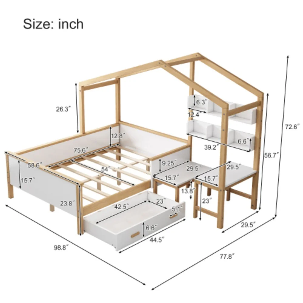 Full Size Wooden House Bed White and Original Wood Colored Frame with Drawer, Desk and Bookshelf for Children or Guest Room White + Wood
