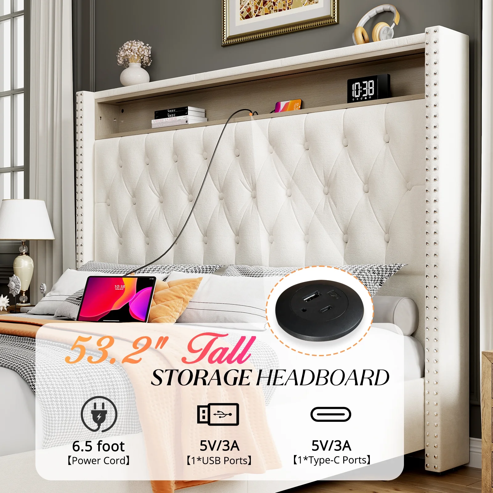 Jocisland LED Bed Frame King Size with Charging Station Upholstered Bed Frame with Headboard Storage Motion Activated Night Light, No Box Spring Needed, Cream