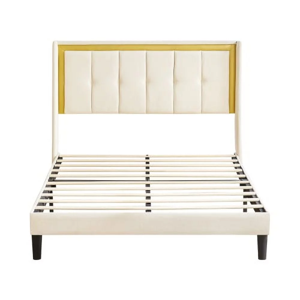 Bed Frame Queen Size No Box Spring Needed, Heavy Duty Upholstered Platform with Headboard, Easy Assembly, Noise Free, White