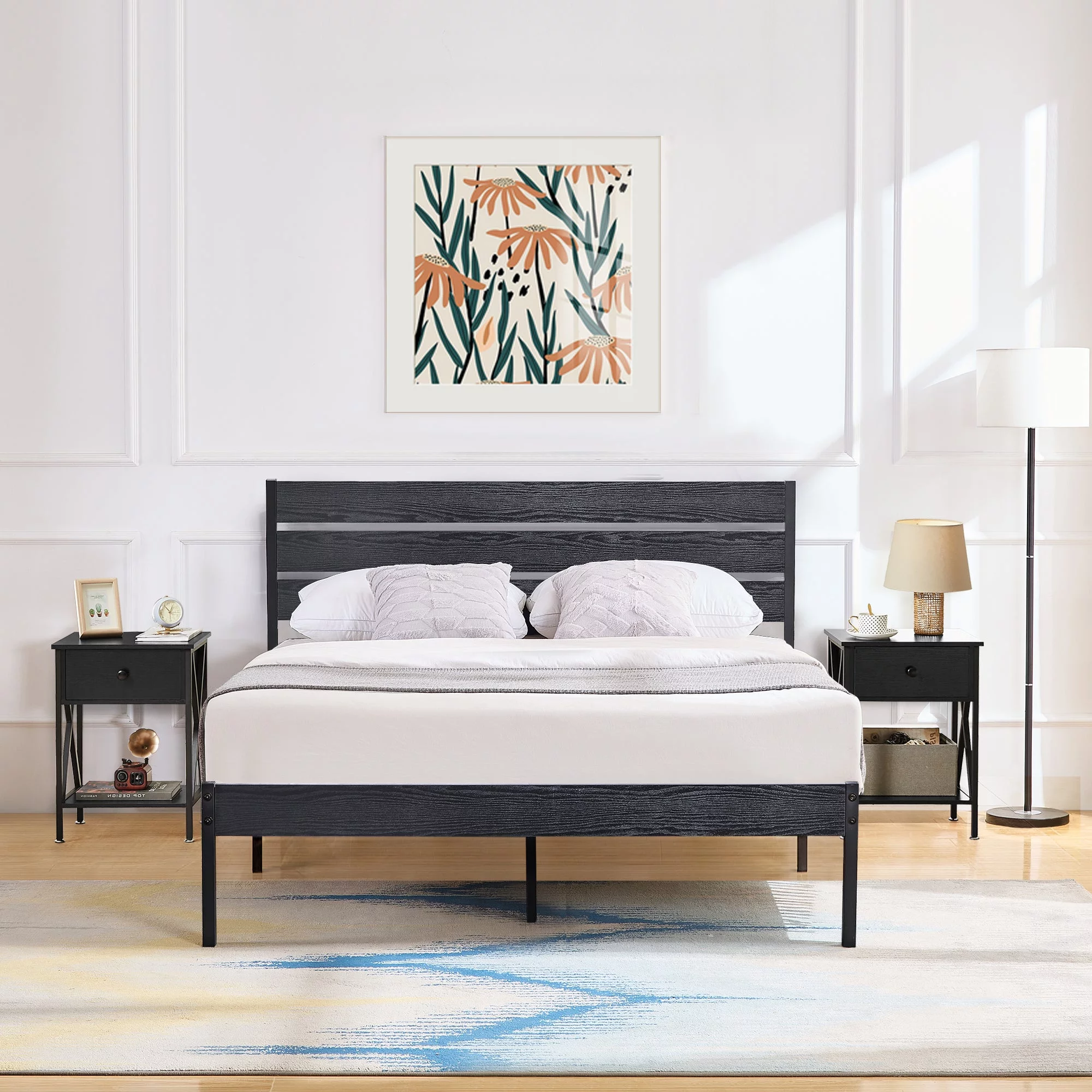 VECELO 3-piece Bedroom Set Include Queen Bed Frame with 2 Nightstands, Black
