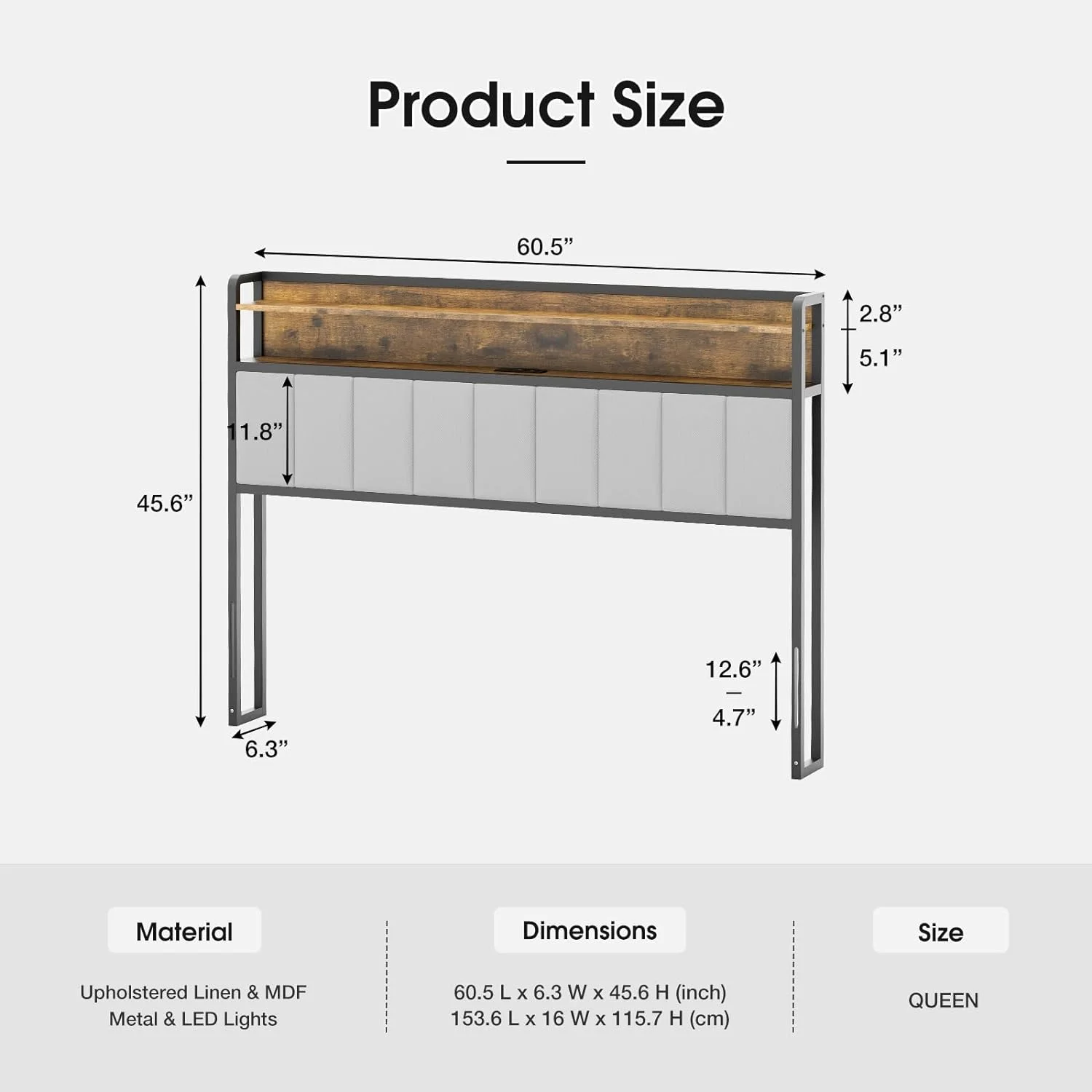 IKIFLY Upholstered Queen Size Storage Headboard with LED Lights and Charging Station, USB & Type C Port, Height Adjustable, Queen Headboard Only, Attach Frame, Easy Assembly - Light Grey