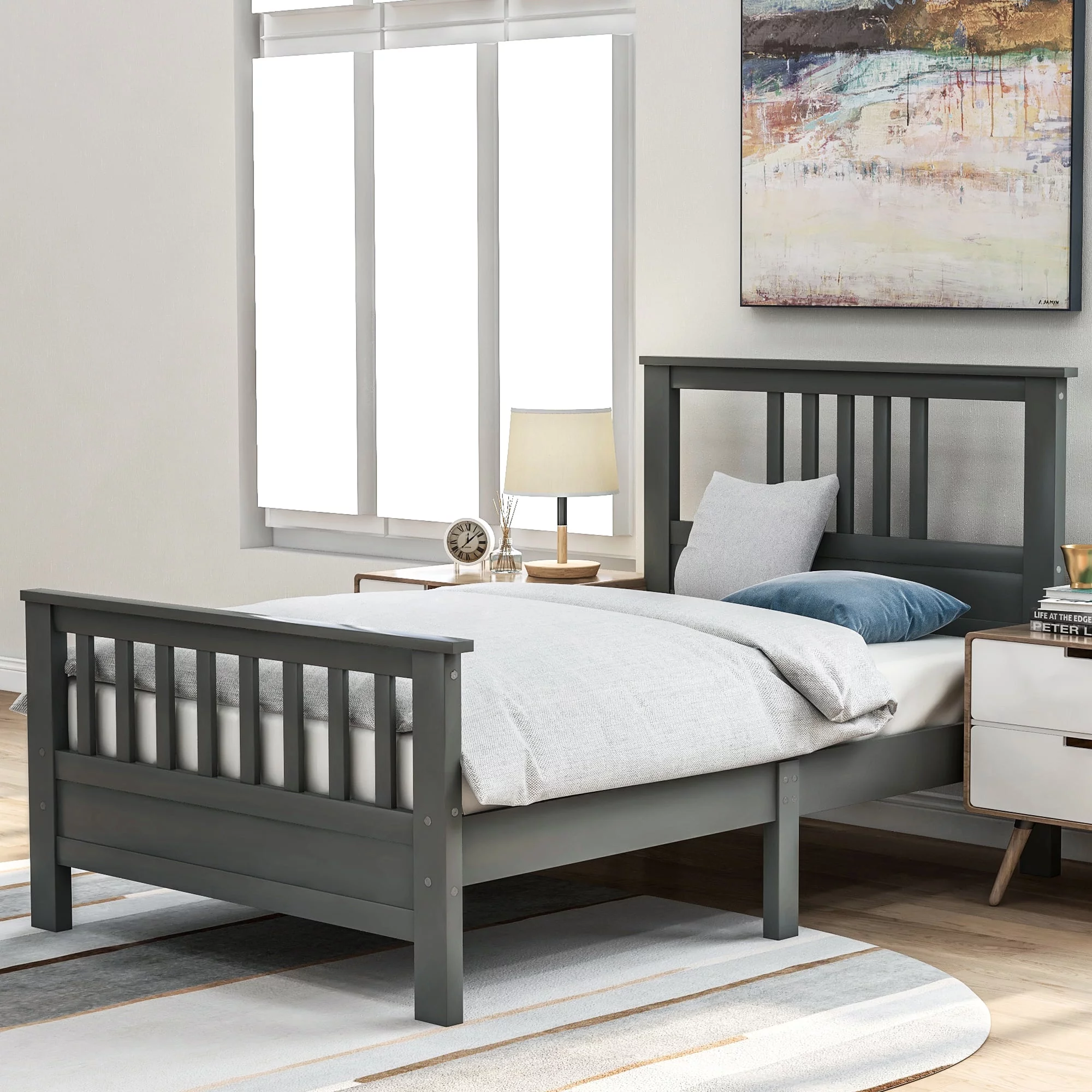 Wood Platform Bed with Headboard and Footboard, Modern Bed Frame with Solid Wood Slat and Support Legs for Bedroom, No Box Spring Need