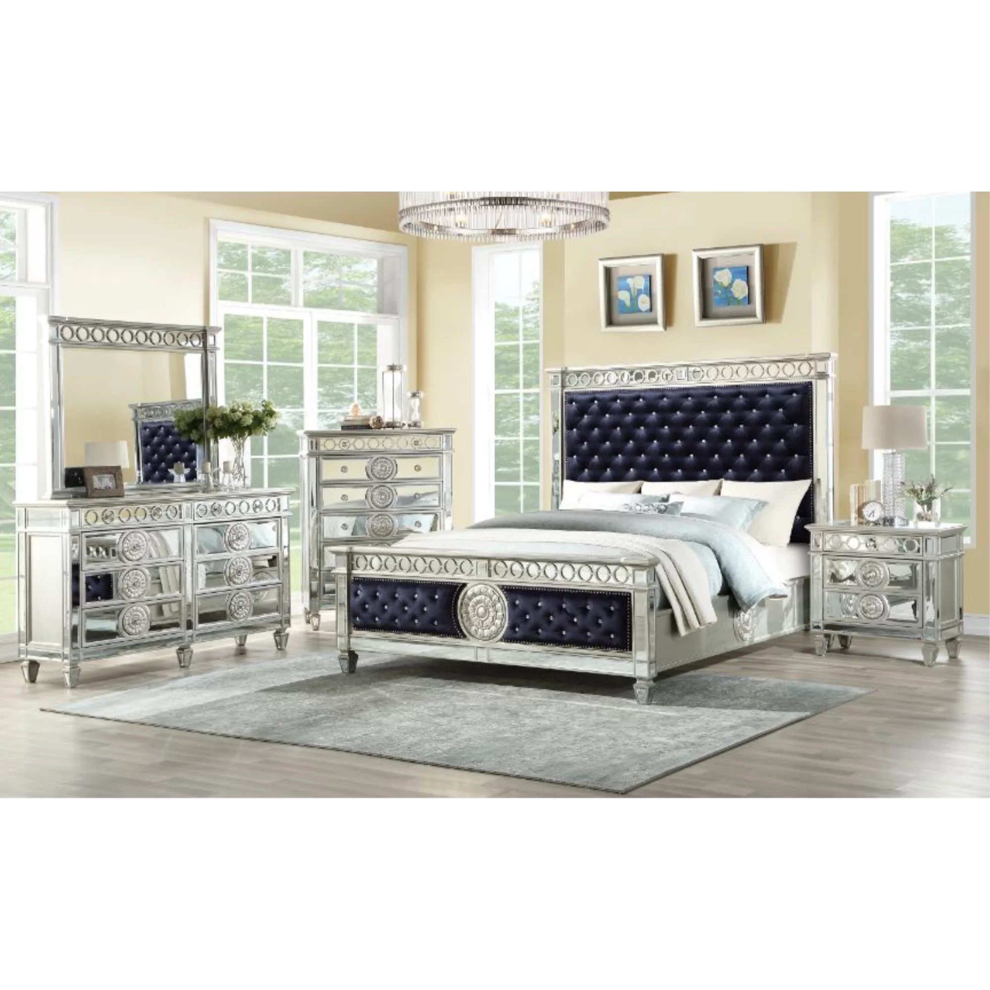 ACME Varian Tufted Upholstered Queen Bed in Black Velvet and Mirrored
