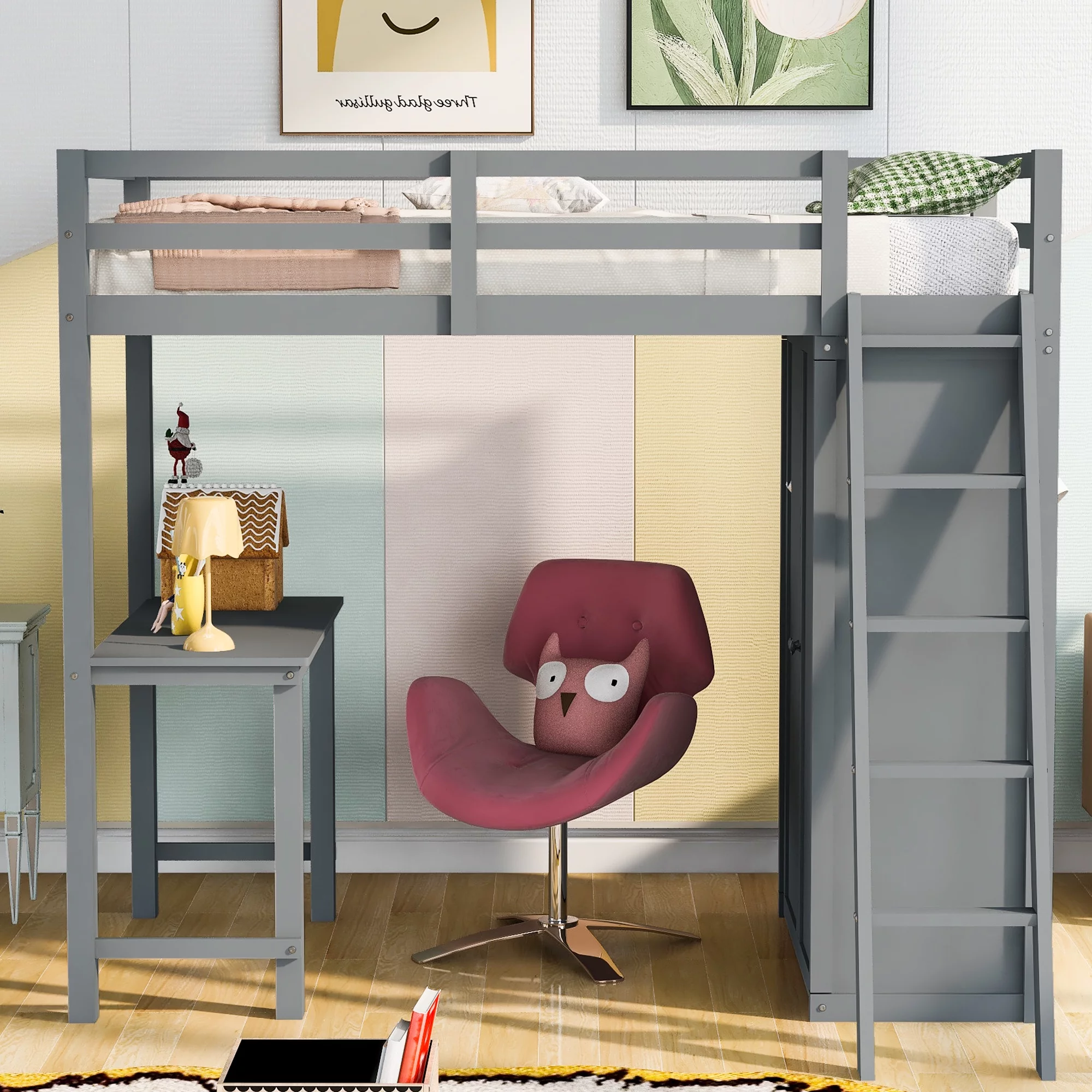 CoSoTower Twin Size Loft Bed with Wardrobe and Desk, Gray