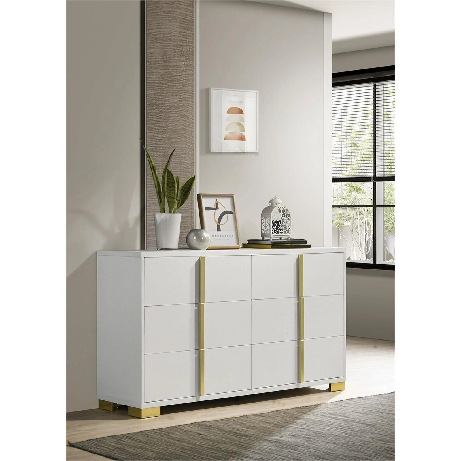 Pemberly Row Contemporary Wood Rectangular Dresser White and Gold