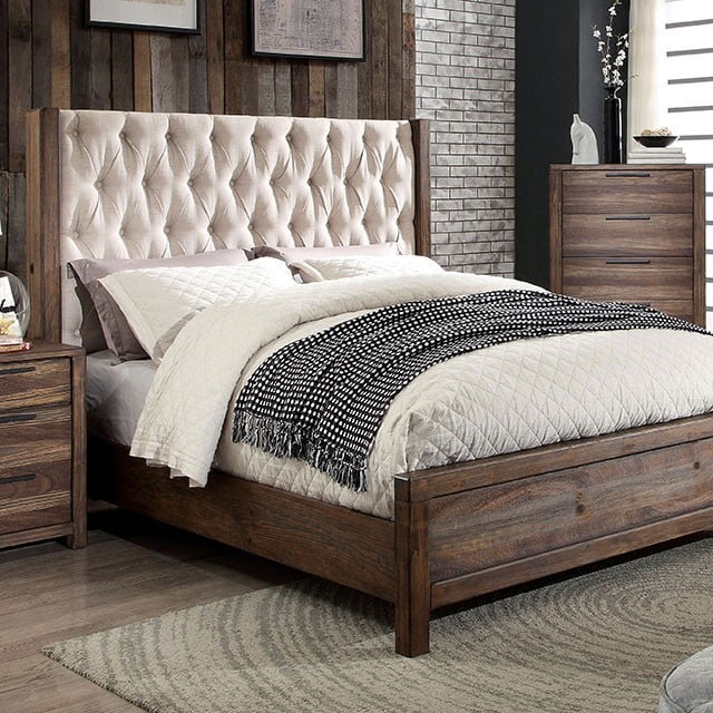Rustic Natural Tone Beige Fabric Tufted HB Queen Size Bed Solid wood Furniture Bedroom 1pc Bed