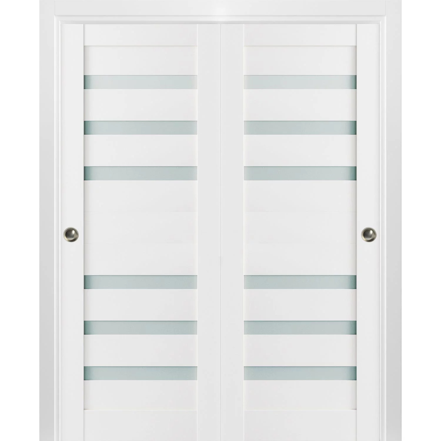 Sliding Closet Frosted Glass Bypass Doors 72 x 96 inches | Quadro 4266 White Silk | Sturdy Top Mount Rails Moldings Trims Hardware Set | Wood Solid Bedroom Wardrobe Doors