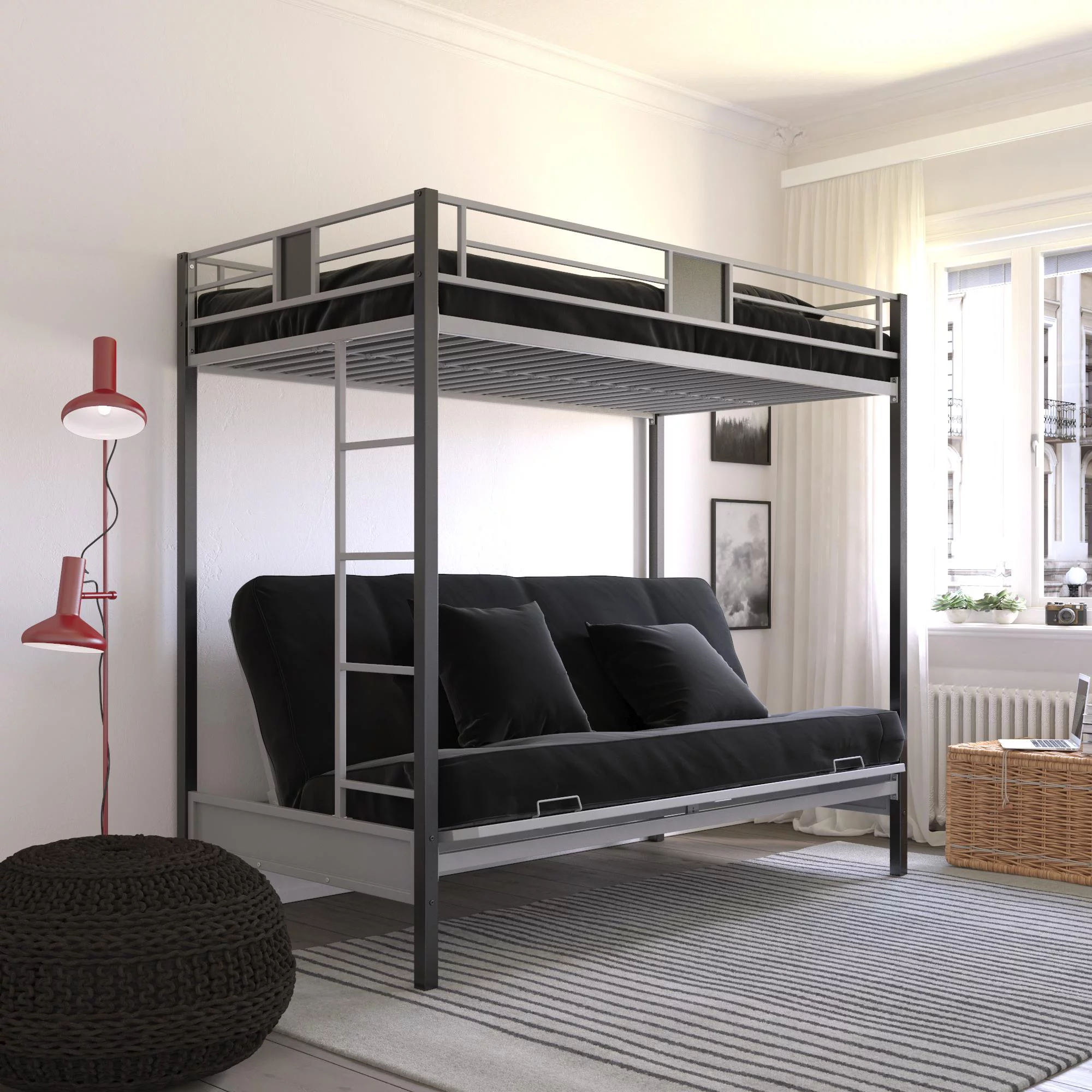 DHP Silver Screen Twin over Futon Metal Bunk Bed, Silver/Black