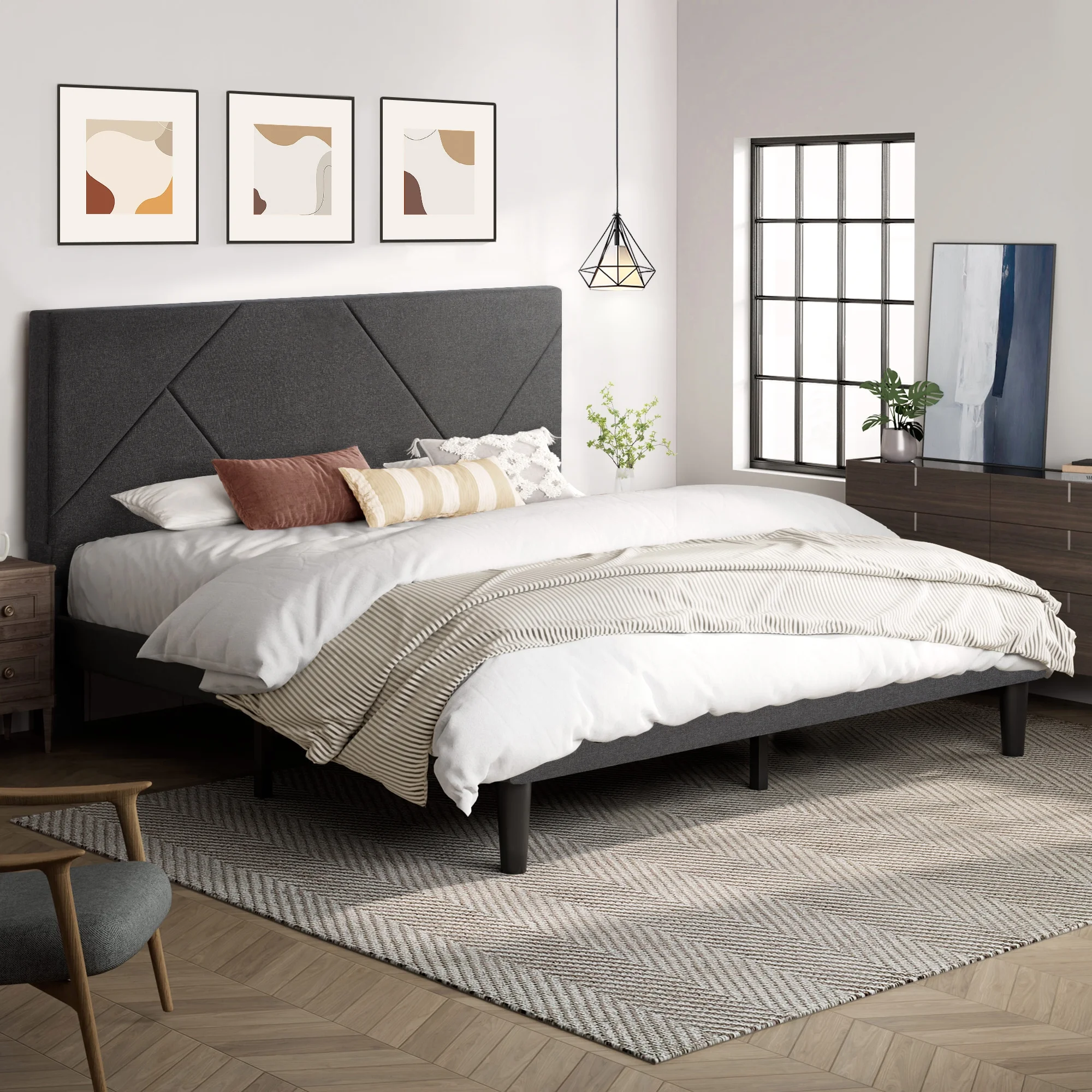 Allewie King Size Metal Platform Bed with Geometric Upholstered Headboard, Grey