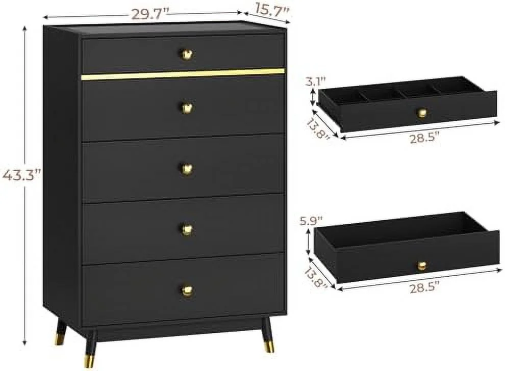 HBBOOMLIFE Black Dresser for Bedroom with Tempered Glass Top  Dressers & Chests of Drawers with Led Lights  5 Drawer Bedroom Wood Tall Led Dresser for Bedroom  Hallway
