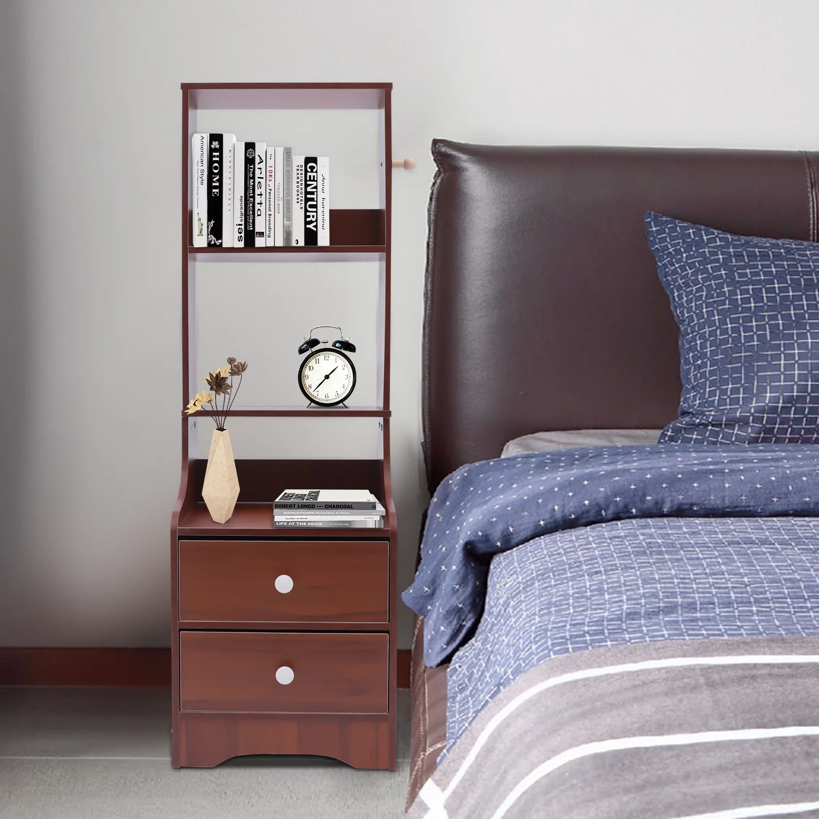 Miumaeov Modern Nightstand with 2 Drawers, Tall Bed End Table/ Bedside Table for Bedroom Living Room, Bed Side Table/ Night Stand with Storage Shelf (Antique Sandalwood Color)