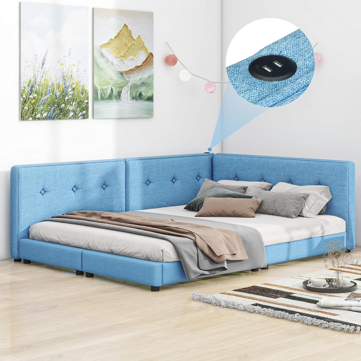 Upholsered Quee Size Plaform Bed Wih USB Pors,Wood Lie Fabric Quee Daybed For Bedroom,Livigroom,Blue