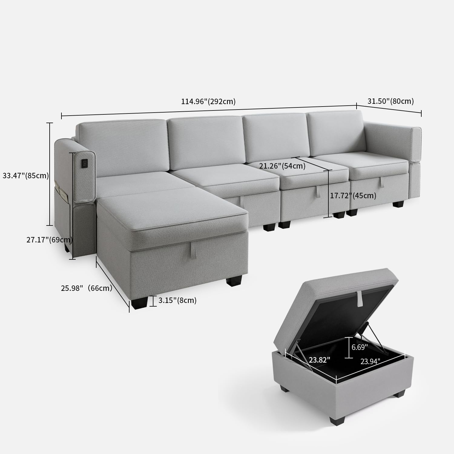 RichYa Modular Sectional Sofa Convertible L Shaped Couch with USB C Port Storage Ottomans, 5 Seats