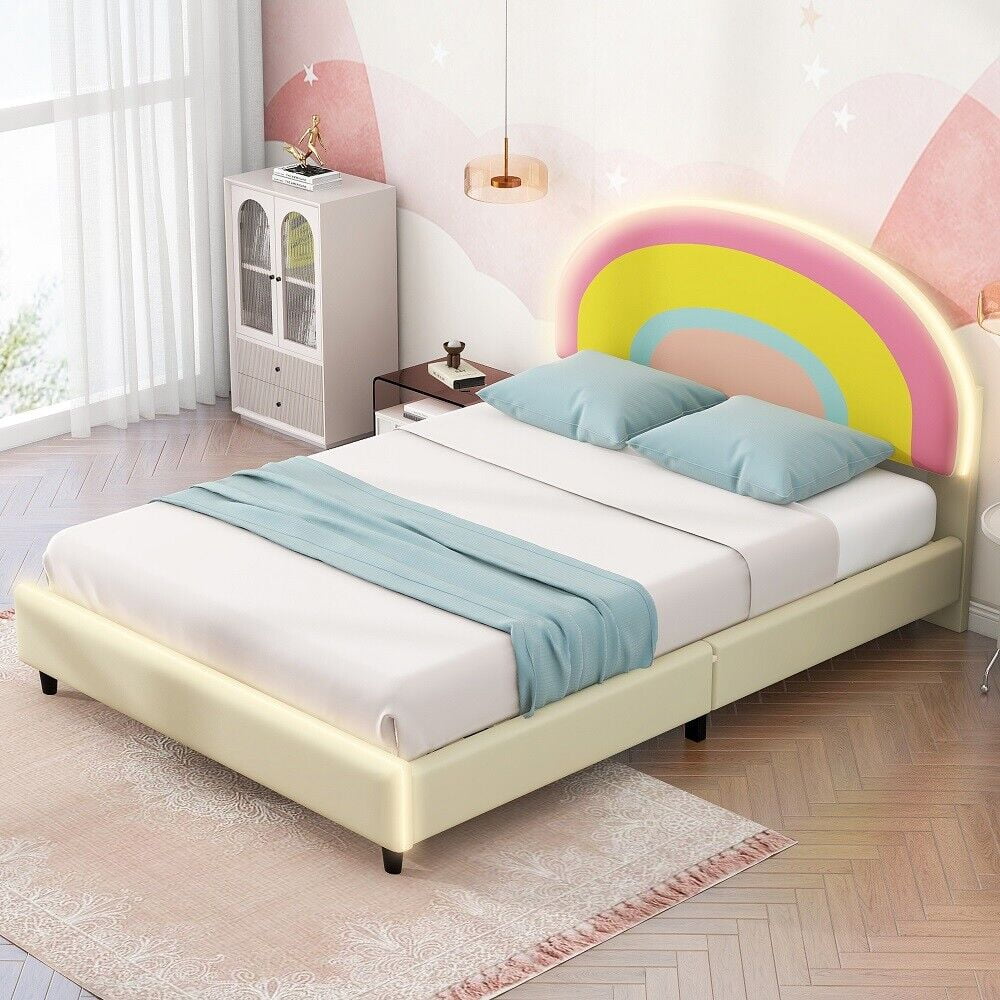 Twin Size Upholstered Platform Bed ,Rainbow Shaped, Height-adjustbale Headboard