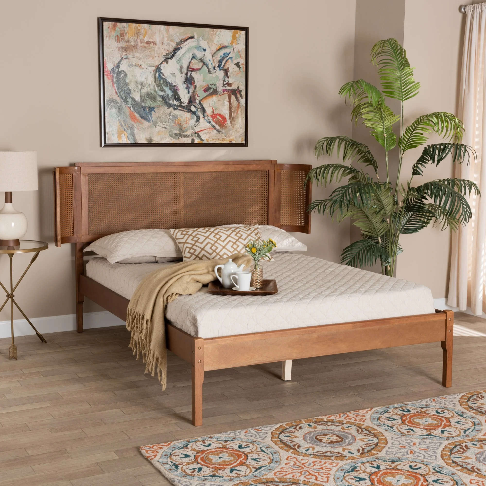 Baxton Studio Eridian Mid-Century Modern Walnut Brown Finished Wood and Natural Rattan Platform Bed Full